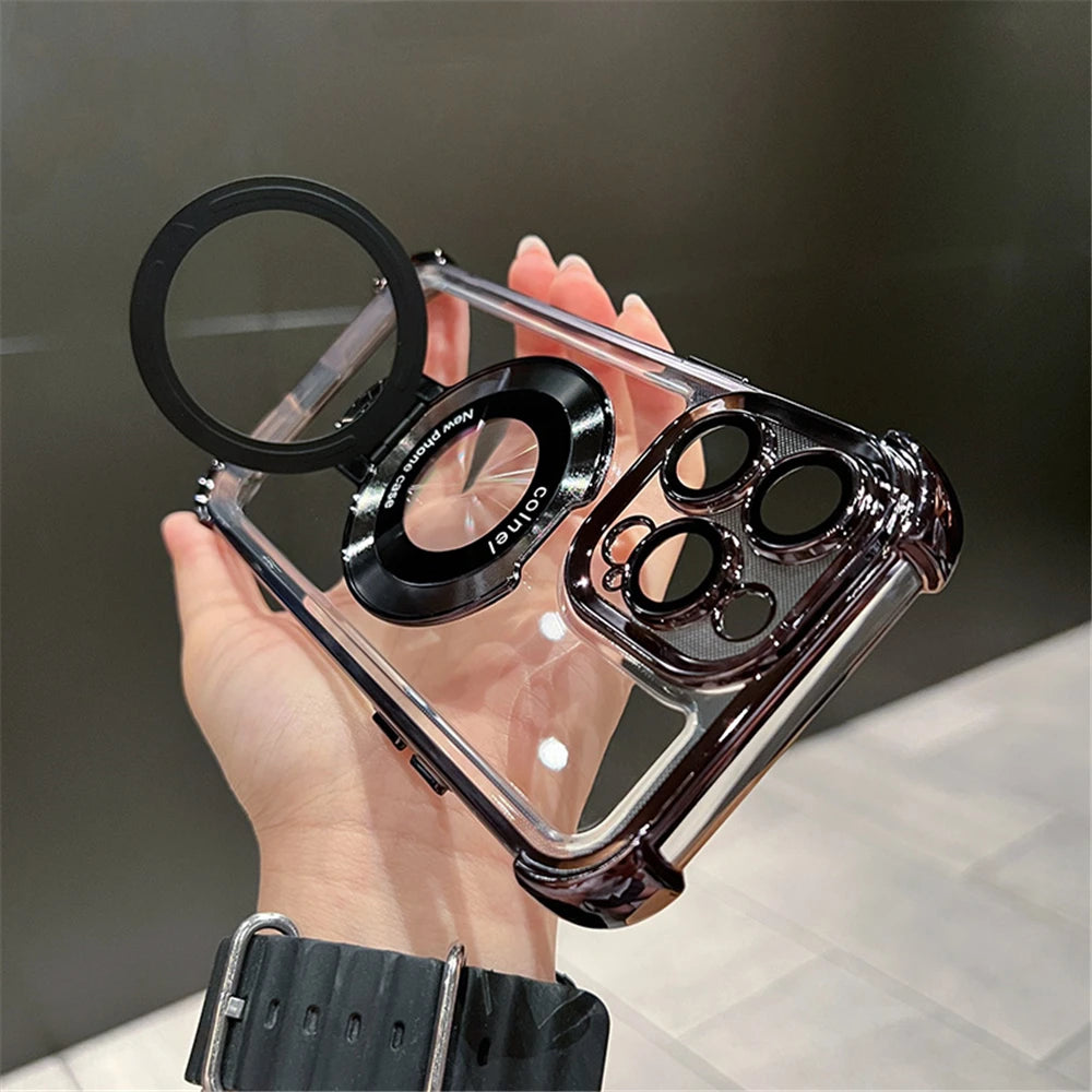 Luxury Plating Shockproof Magnetic Bracket For Magsafe Clear Case For IPhone18 15 16 14 13 12 17 Pro Max With Holder Stand Cover