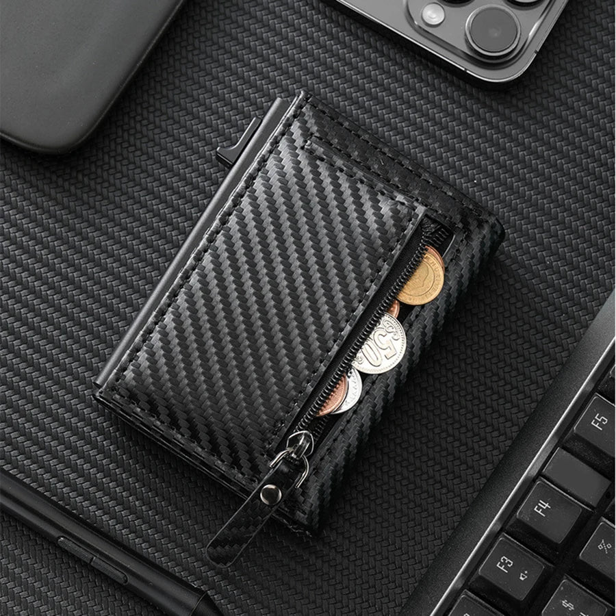 Men's Wallet with Zipper Coin Purse Automatic Pop-up Metal Credit Card Holder Minimalist RFID Blocking Business Card Wallet Idea