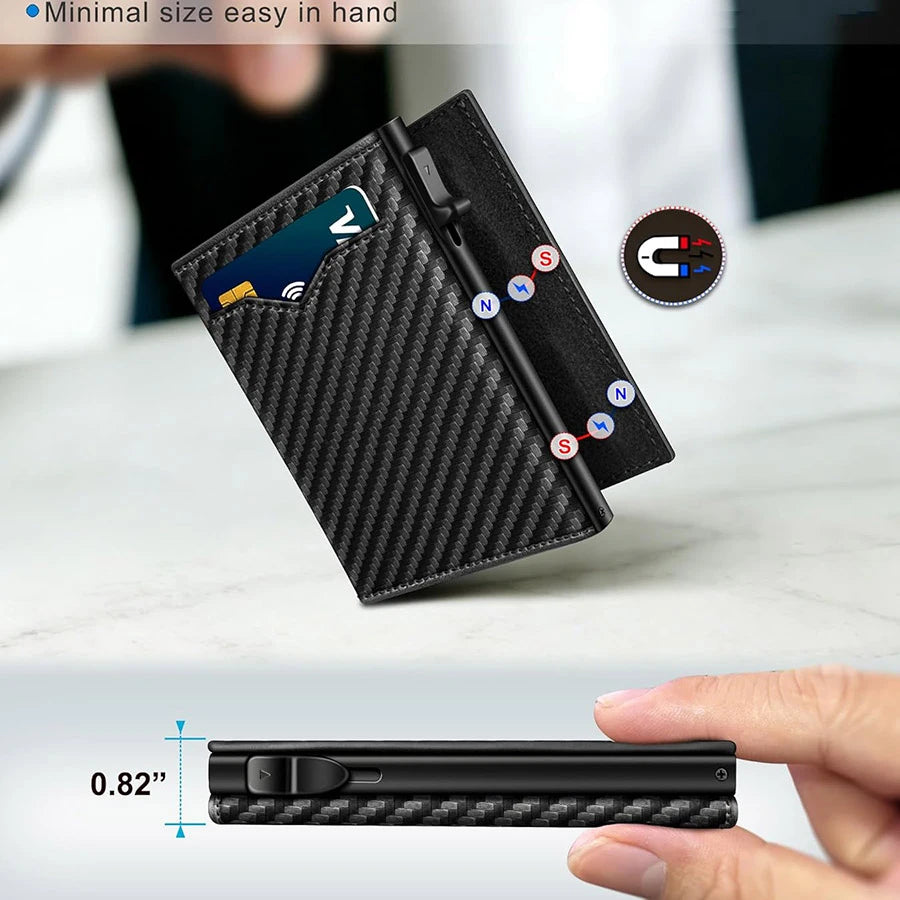 Carbon Fiber Microfiber Leather Pop Up Wallet For Men, RFID Blocking Credit Card Holder With Clear ID Window Cash Pocket