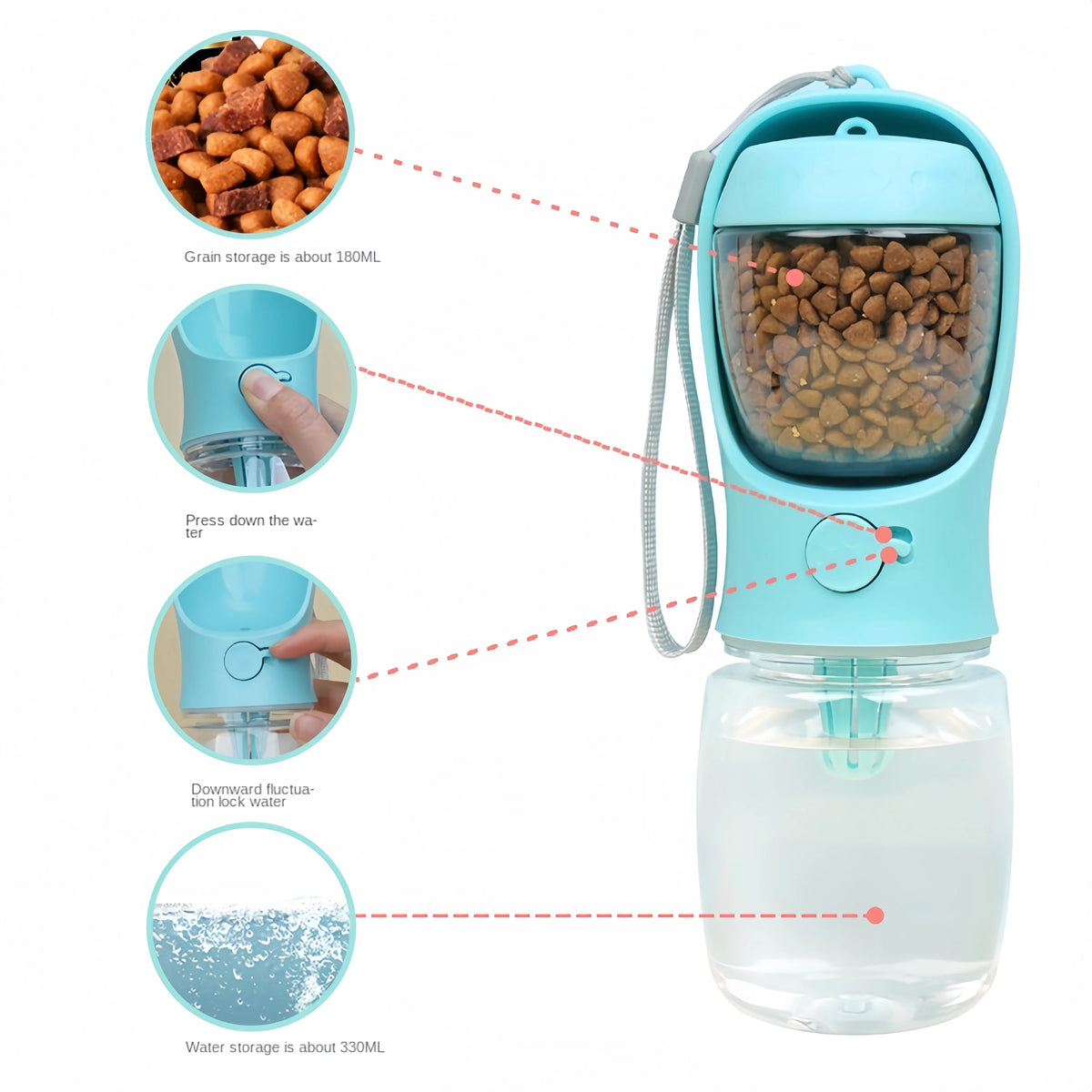 2-in-1 Portable Pet Water Bottle with Food Storage Container, Travel Water & Feeder Bowl for Dogs Cats Puppy Outdoor Walking