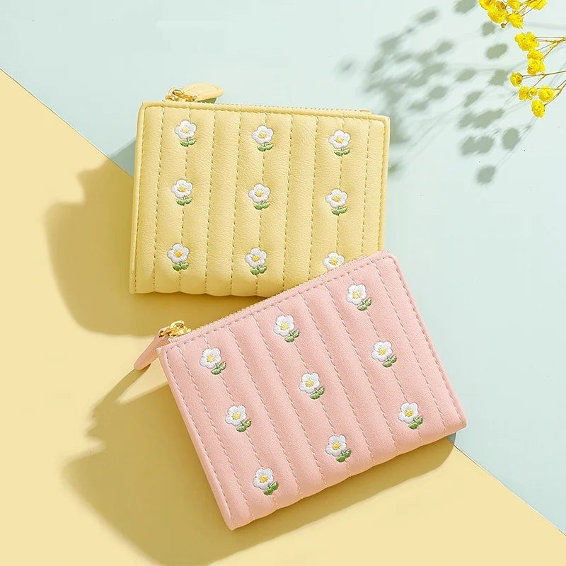 Women Mini Cute PU Leather Short Wallet New Zipper Money Bag Solid Color Flower Card Holders Coin Purse Girls