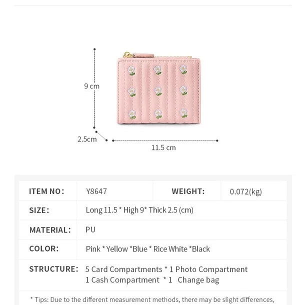 Women Mini Cute PU Leather Short Wallet New Zipper Money Bag Solid Color Flower Card Holders Coin Purse Girls