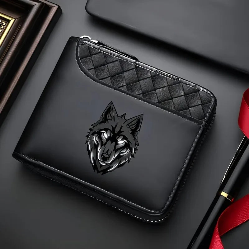1PC Cool Blue Eye Wolf Head Print Men's Zipper Wallet Diamond Pattern Splicing PU Leather Multi-Card Large Capacity Coin Case