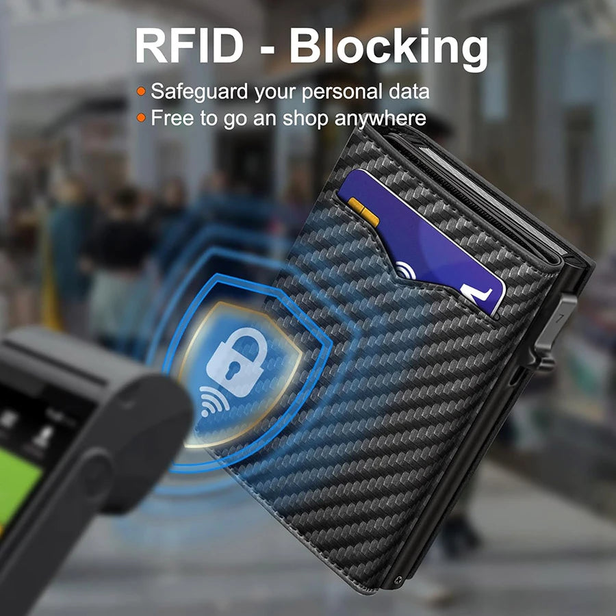 Carbon Fiber Microfiber Leather Pop Up Wallet For Men, RFID Blocking Credit Card Holder With Clear ID Window Cash Pocket