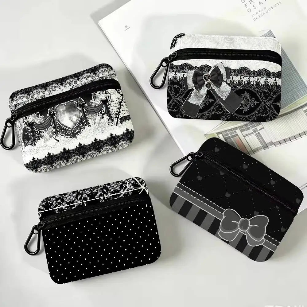 Gothic Lace Heart Bow Wallet Oxford Waterproof Zipper Purse Cute Dark Style Coin Portable Small Clutch Bag for Women Daily Use