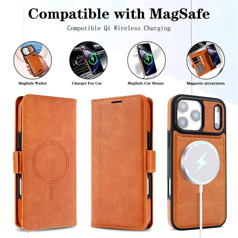 2 in 1 Wallet Case For iPhone 18 17 Promax Air 16 Pro Max 15 Plus 14 13 12 iphone17 Cards Slot Leather For Magsafe Phone Cover