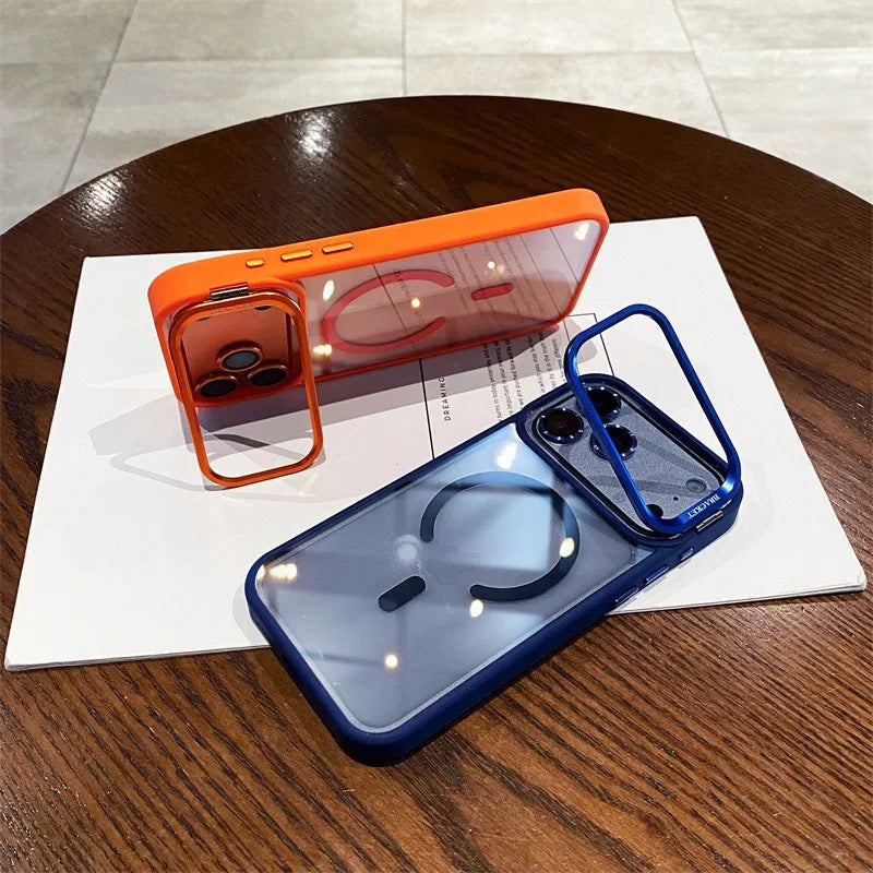 Luxury Bracket Stand Magnetic Case for iPhone 18Pro 17 16 15 14 Plus 13 12 18 Pro Max Air for Magsafe Glass Lens Protector Cover