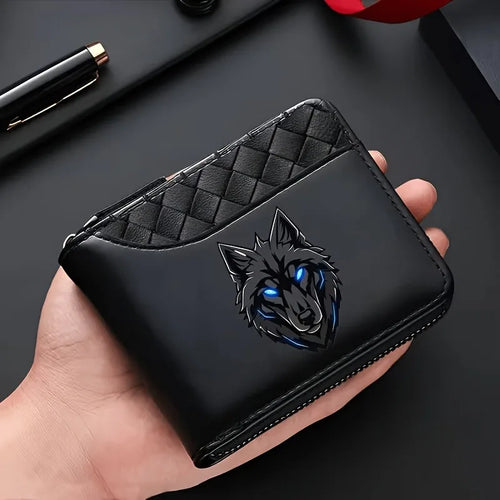 1PC Cool Blue Eye Wolf Head Print Men's Zipper Wallet Diamond Pattern Splicing PU Leather Multi-Card Large Capacity Coin Case
