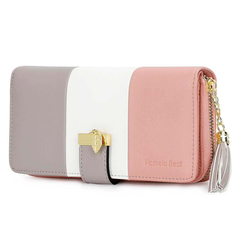 Pomelo Best Tri‑Color Women's Wallet PU Leather Long Zipper RFID Blocking Large Capacity 9 Card Slots Tassel Pendant Fits Phone