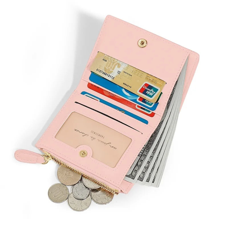 Women Mini Cute PU Leather Short Wallet New Zipper Money Bag Solid Color Flower Card Holders Coin Purse Girls