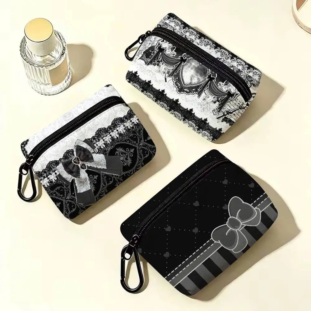 Gothic Lace Heart Bow Wallet Oxford Waterproof Zipper Purse Cute Dark Style Coin Portable Small Clutch Bag for Women Daily Use