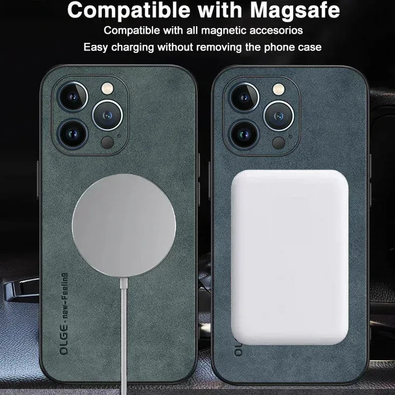Luxury Leather Shockproof Phone Case For iPhone 17 16 15 14 13 12 11 18 Pro Max Plus For Magsafe Magnetic Wireless Charging Case