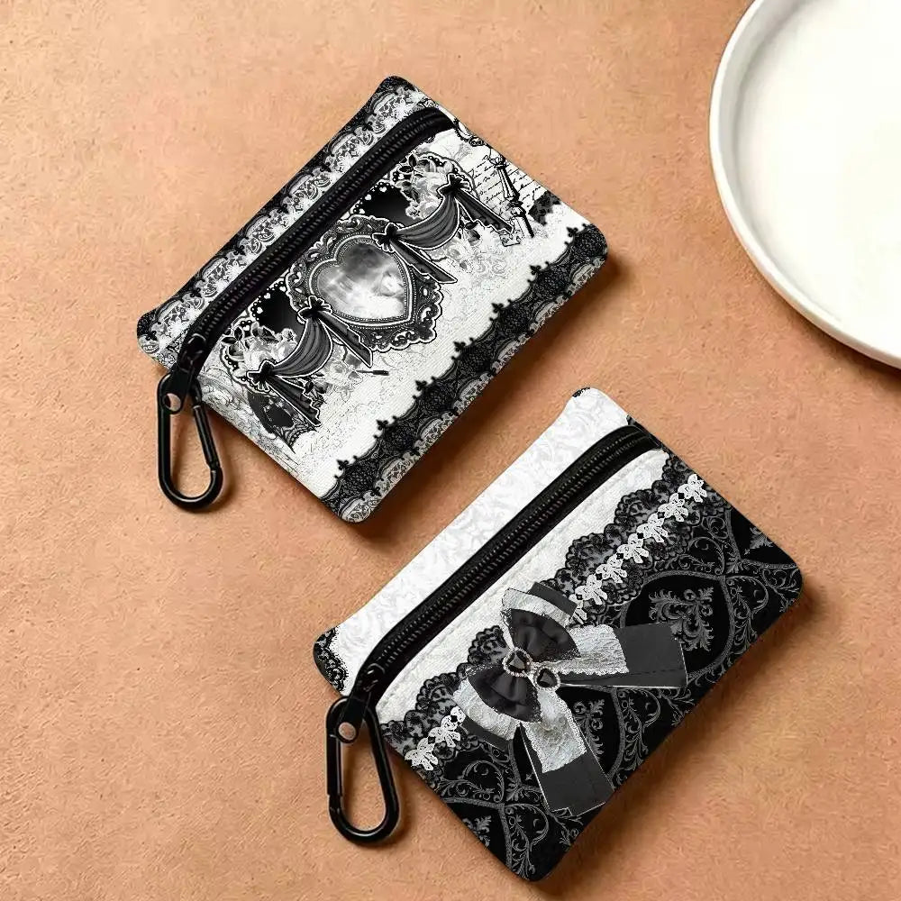 Gothic Lace Heart Bow Wallet Oxford Waterproof Zipper Purse Cute Dark Style Coin Portable Small Clutch Bag for Women Daily Use