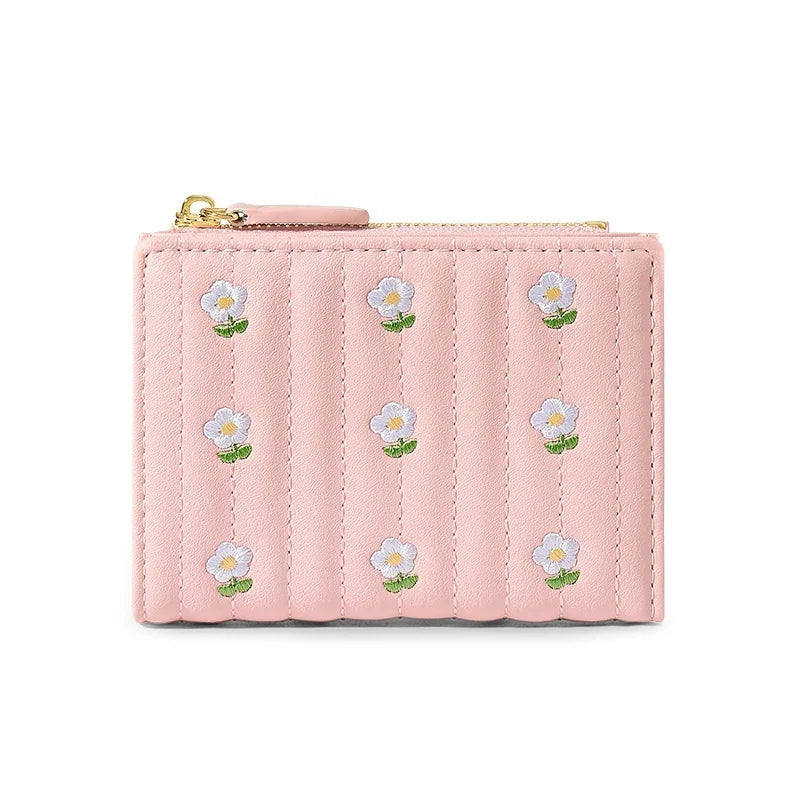 Women Mini Cute PU Leather Short Wallet New Zipper Money Bag Solid Color Flower Card Holders Coin Purse Girls