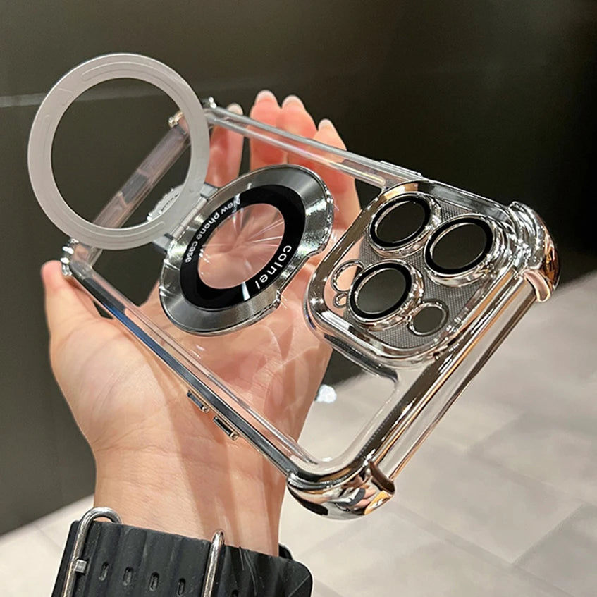 Luxury Plating Shockproof Magnetic Bracket For Magsafe Clear Case For IPhone18 15 16 14 13 12 17 Pro Max With Holder Stand Cover