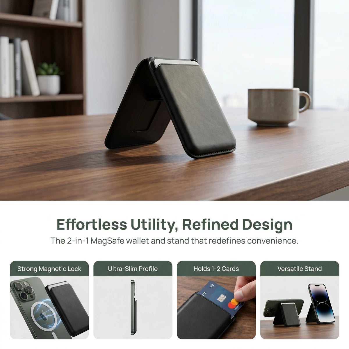 2 in 1 Magnetic Wallet Stand N52 Magnet PU Leather RFID Blocking Foldable Kickstand Hold 2 Cards Fit Smart Phone 12-16 Series