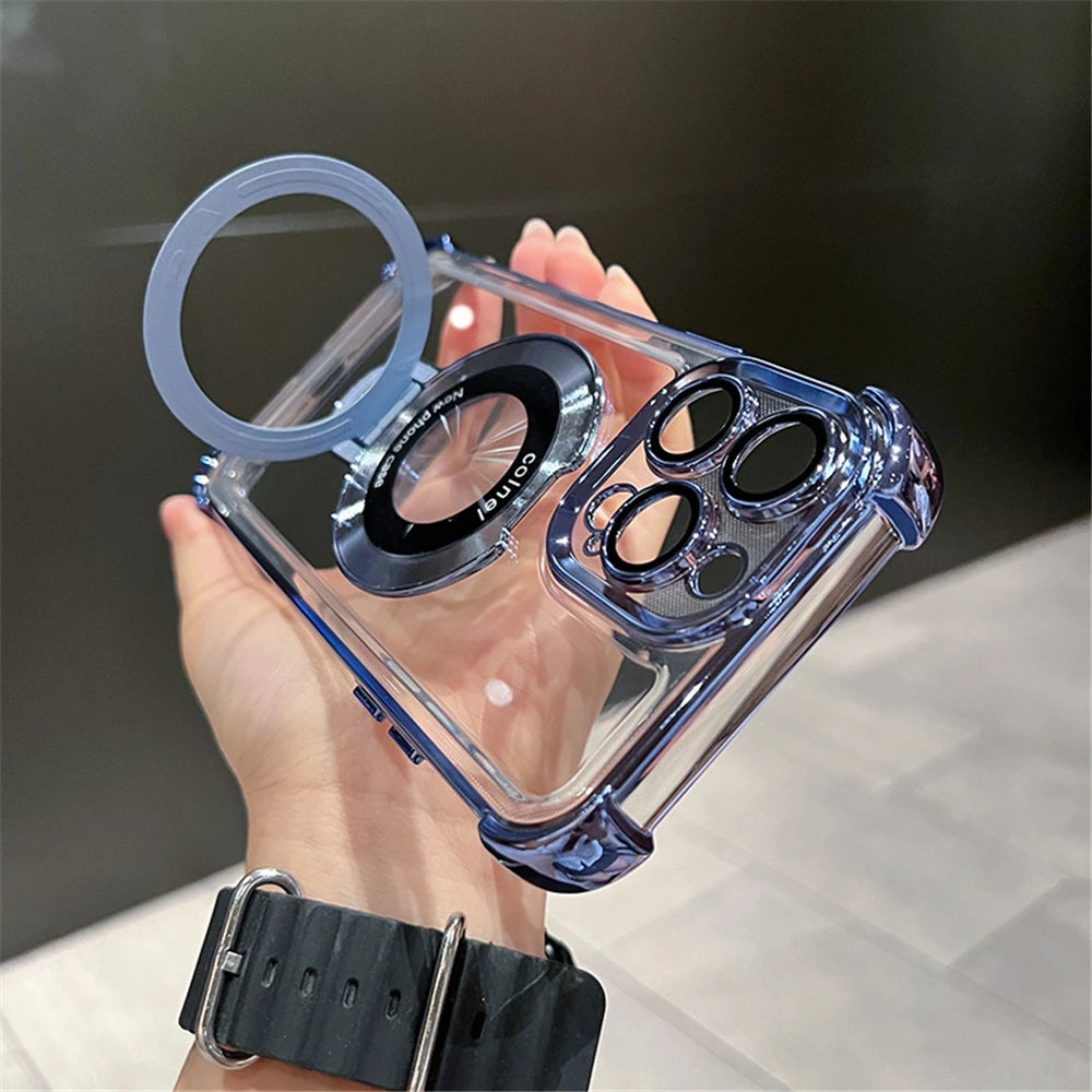 Luxury Plating Shockproof Magnetic Bracket For Magsafe Clear Case For IPhone18 15 16 14 13 12 17 Pro Max With Holder Stand Cover