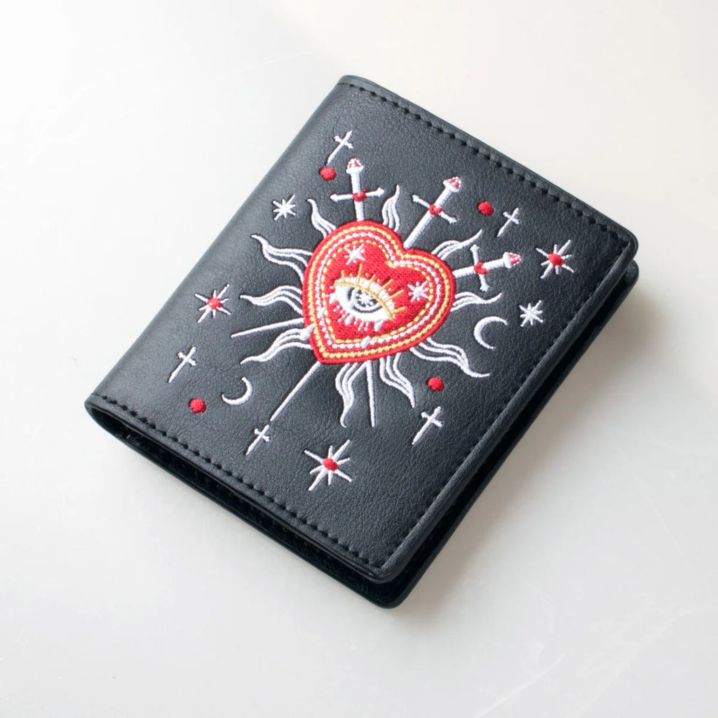 Gothic Witch Tarot Sword 3 Pattern Embroidered Wallet Fashionable Double-Fold ID Card Holder with Zipper Coin Pocket