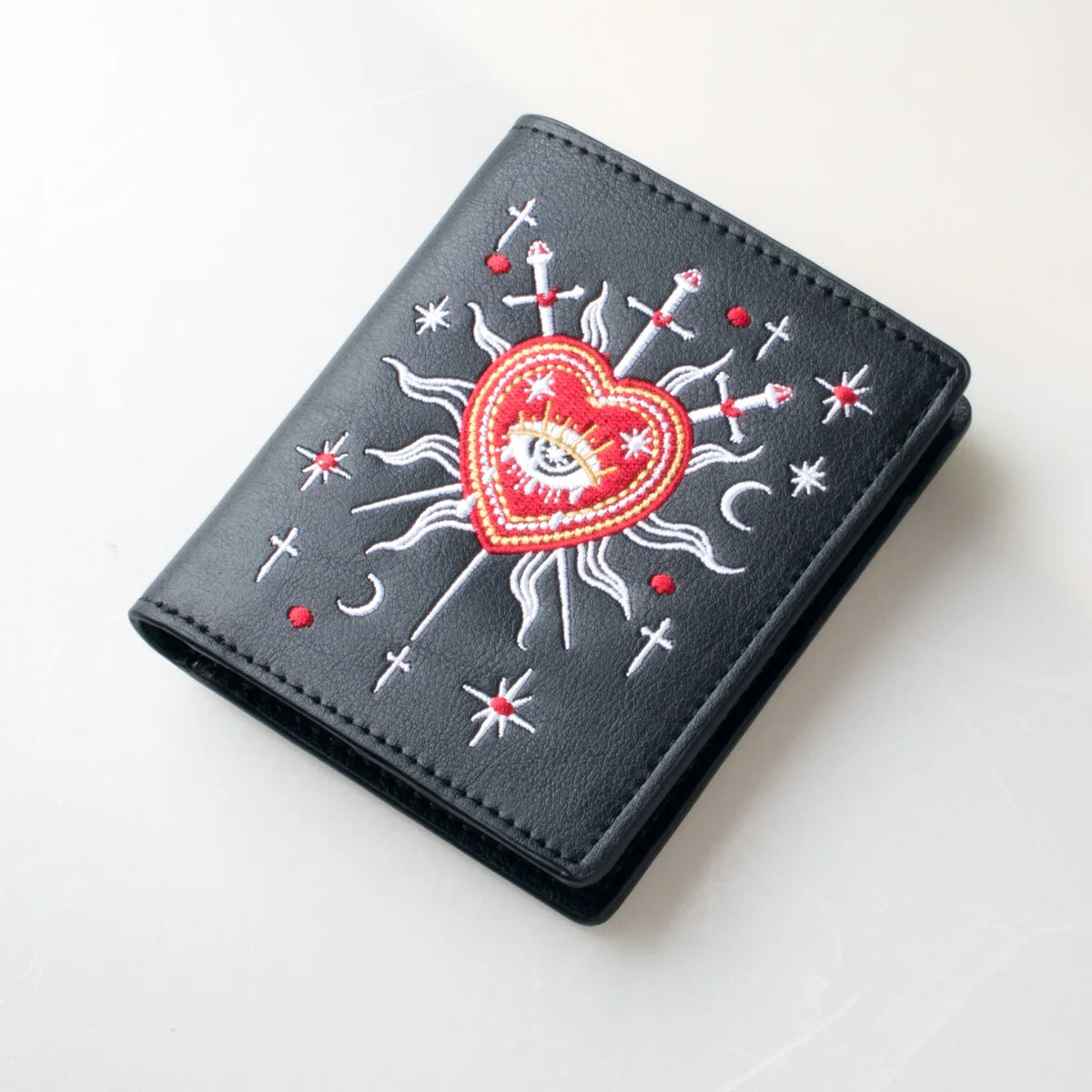 Gothic Witch Tarot Sword 3 Pattern Embroidered Wallet Fashionable Double-Fold ID Card Holder with Zipper Coin Pocket