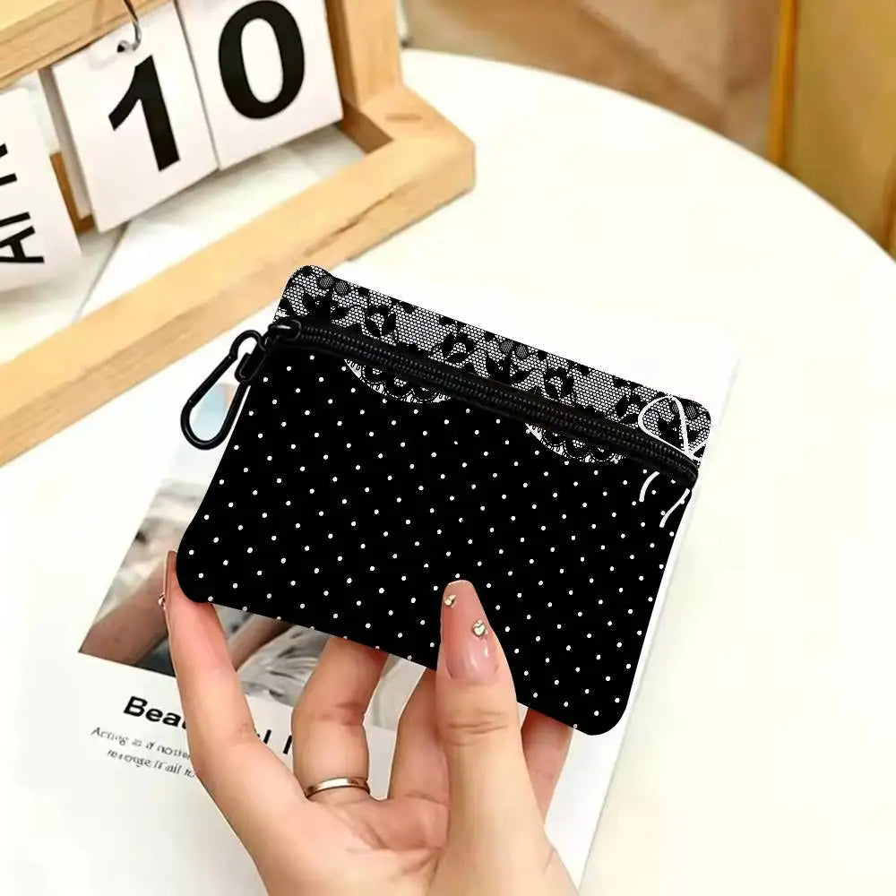 Gothic Lace Heart Bow Wallet Oxford Waterproof Zipper Purse Cute Dark Style Coin Portable Small Clutch Bag for Women Daily Use