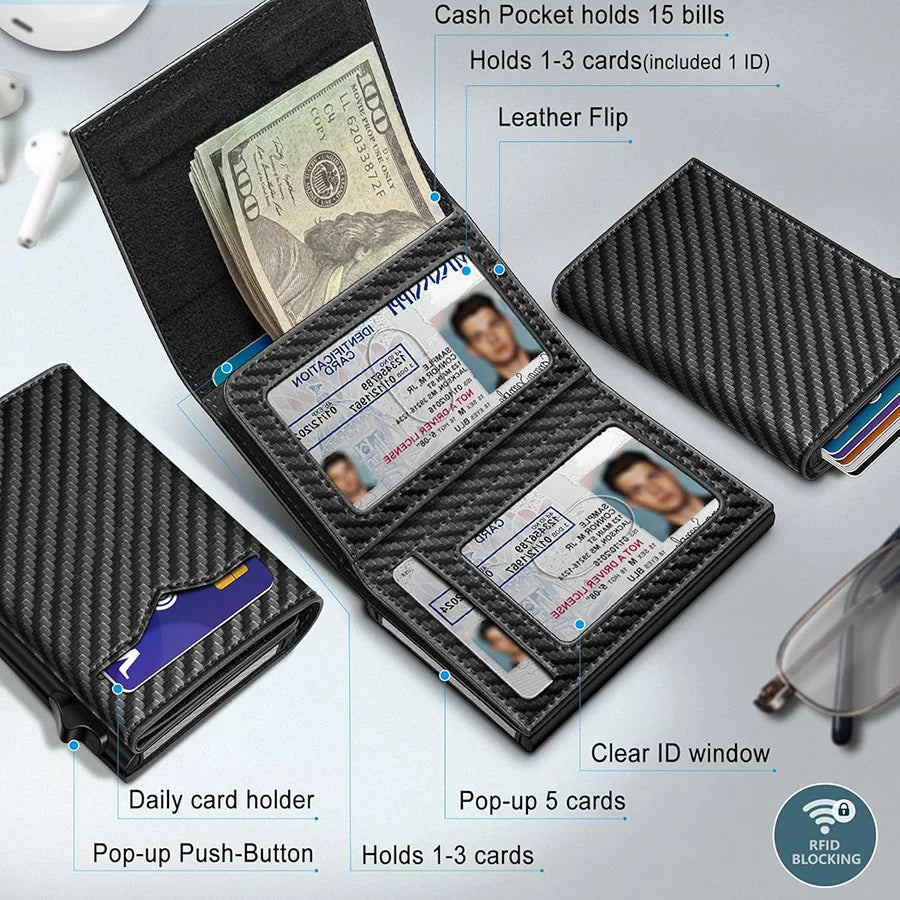 Carbon Fiber Microfiber Leather Pop Up Wallet For Men, RFID Blocking Credit Card Holder With Clear ID Window Cash Pocket