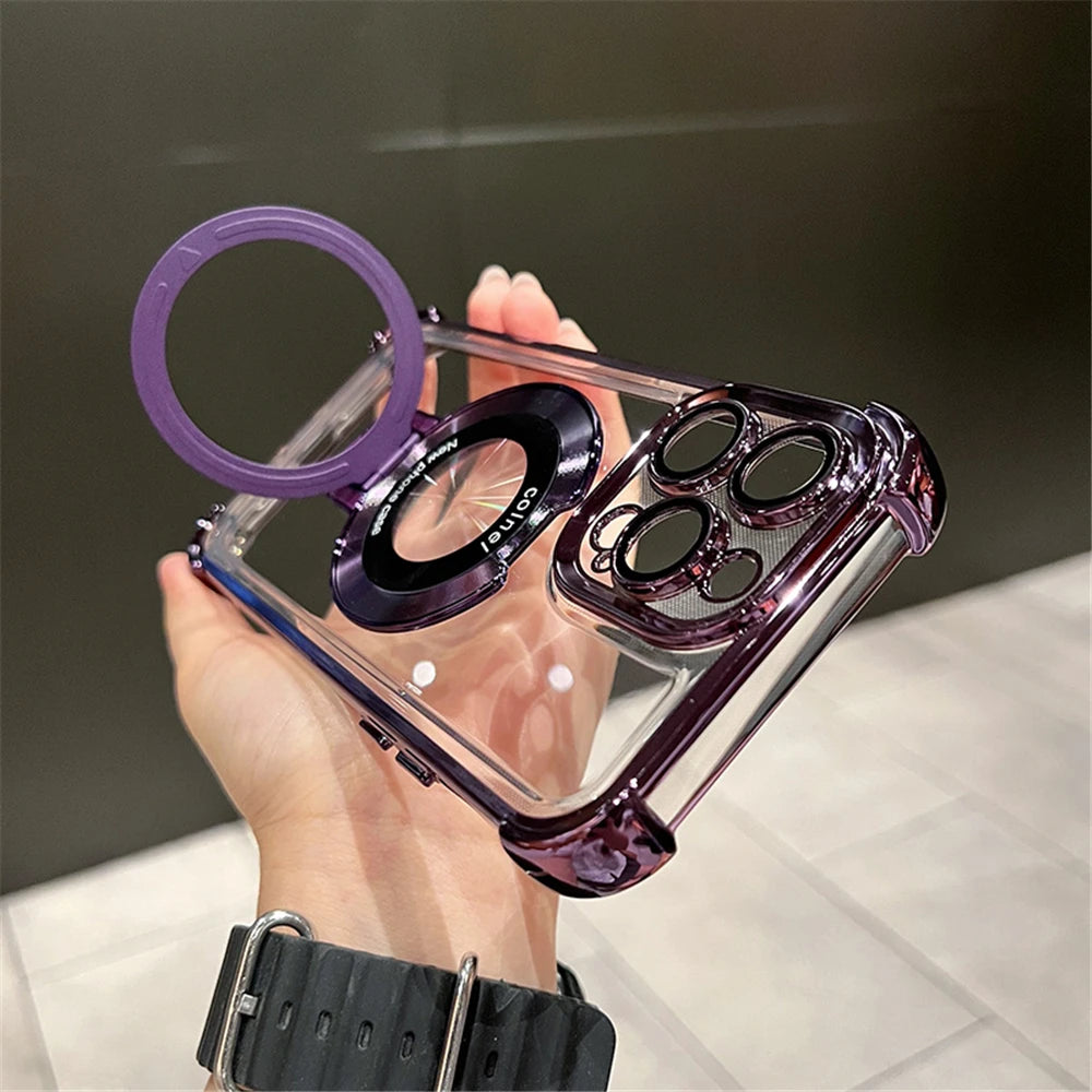 Luxury Plating Shockproof Magnetic Bracket For Magsafe Clear Case For IPhone18 15 16 14 13 12 17 Pro Max With Holder Stand Cover