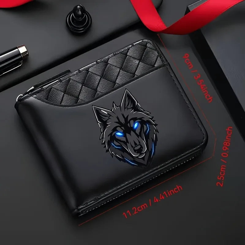 1PC Cool Blue Eye Wolf Head Print Men's Zipper Wallet Diamond Pattern Splicing PU Leather Multi-Card Large Capacity Coin Case