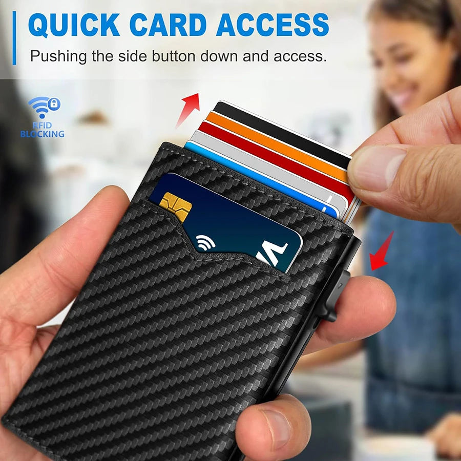 Carbon Fiber Microfiber Leather Pop Up Wallet For Men, RFID Blocking Credit Card Holder With Clear ID Window Cash Pocket