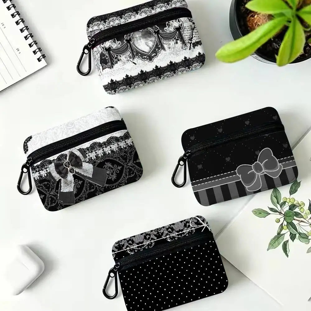 Gothic Lace Heart Bow Wallet Oxford Waterproof Zipper Purse Cute Dark Style Coin Portable Small Clutch Bag for Women Daily Use