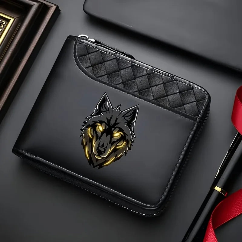 1PC Cool Blue Eye Wolf Head Print Men's Zipper Wallet Diamond Pattern Splicing PU Leather Multi-Card Large Capacity Coin Case