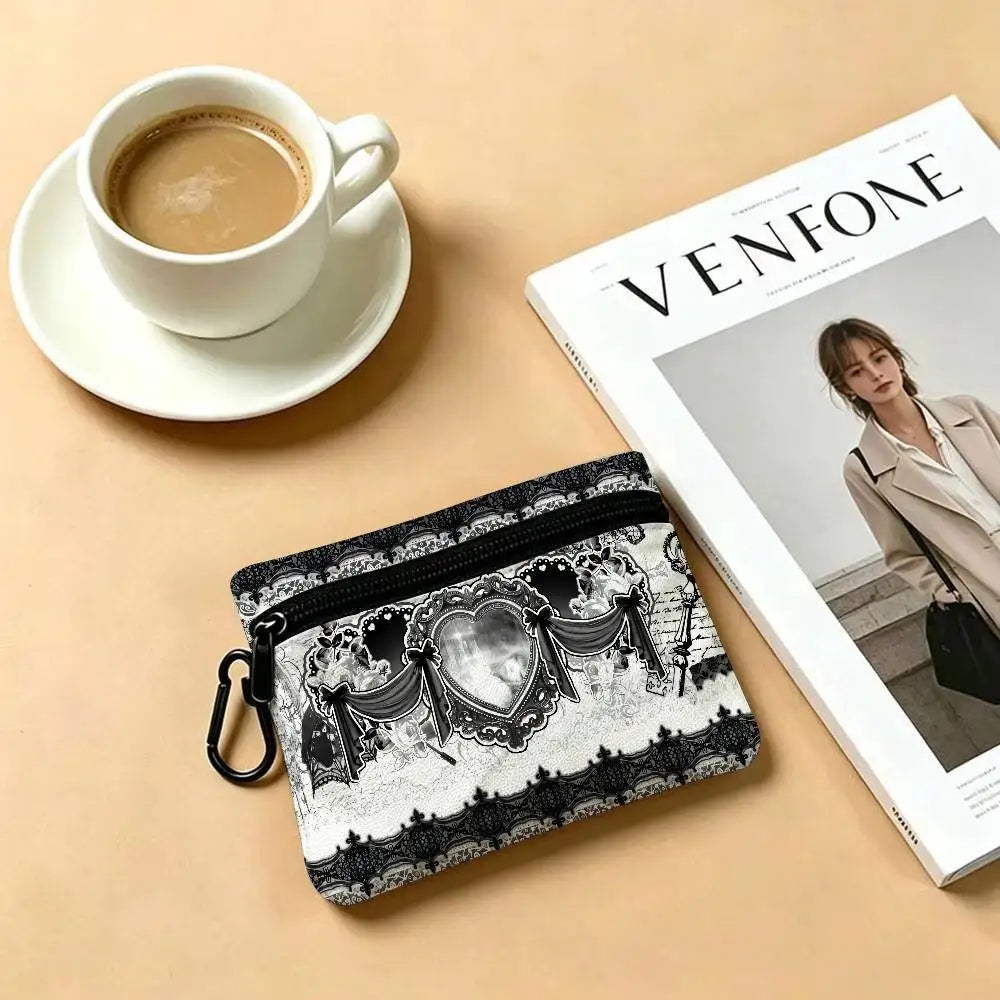Gothic Lace Heart Bow Wallet Oxford Waterproof Zipper Purse Cute Dark Style Coin Portable Small Clutch Bag for Women Daily Use