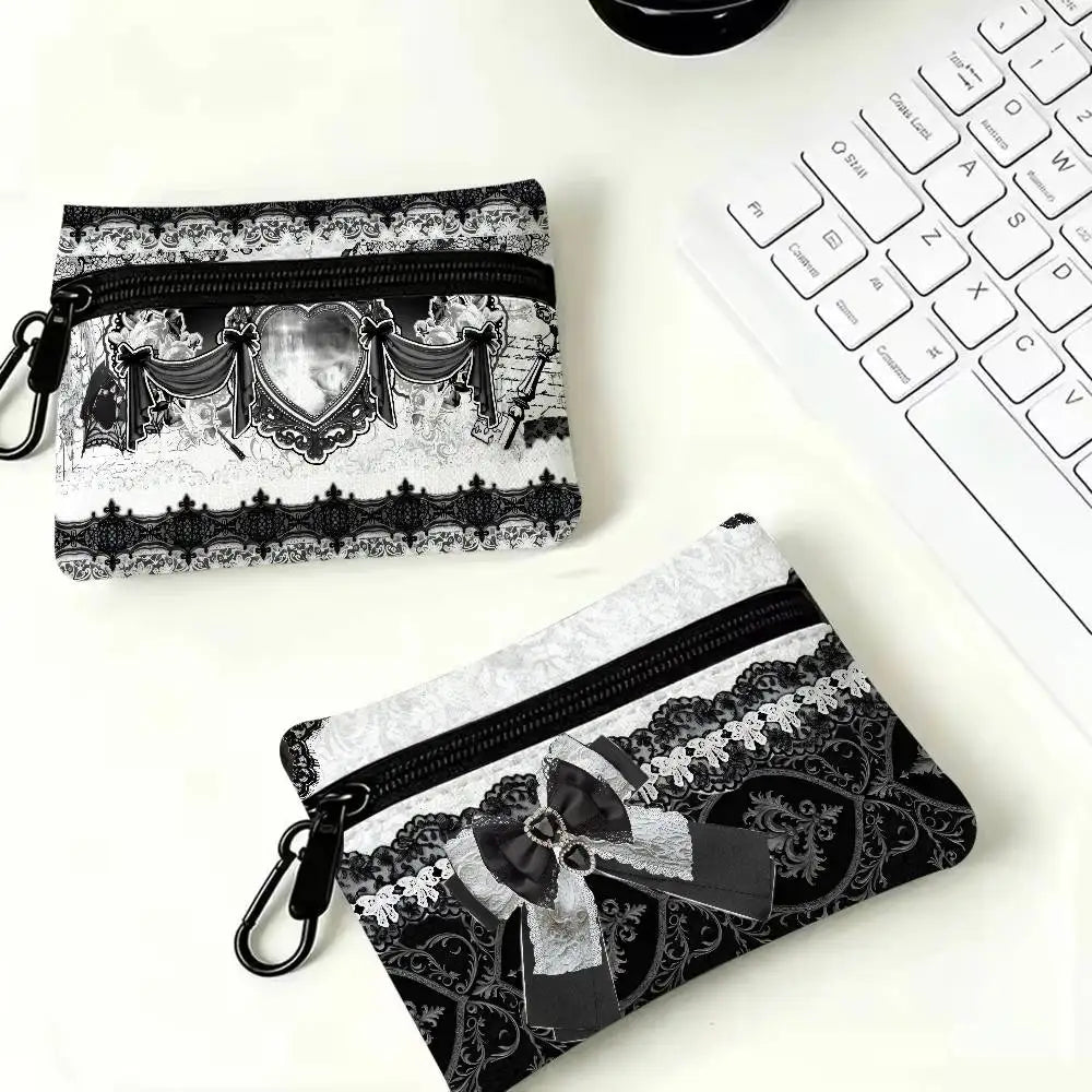Gothic Lace Heart Bow Wallet Oxford Waterproof Zipper Purse Cute Dark Style Coin Portable Small Clutch Bag for Women Daily Use