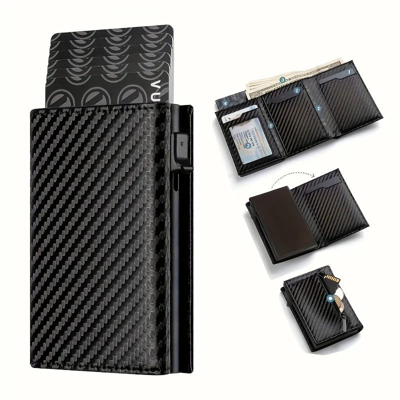 Men's Wallet with Zipper Coin Purse Automatic Pop-up Metal Credit Card Holder Minimalist RFID Blocking Business Card Wallet Idea