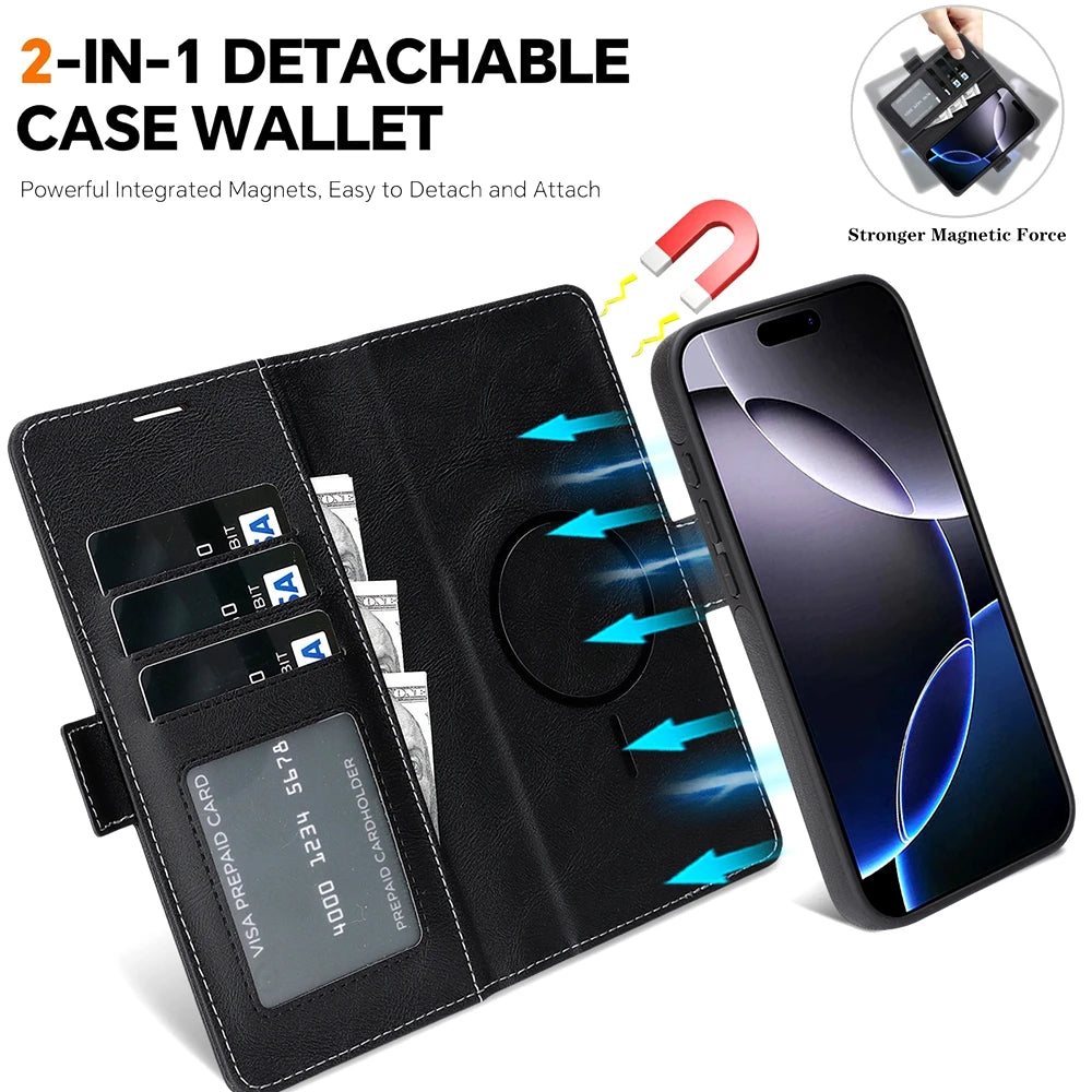 2 in 1 Wallet Case For iPhone 18 17 Promax Air 16 Pro Max 15 Plus 14 13 12 iphone17 Cards Slot Leather For Magsafe Phone Cover
