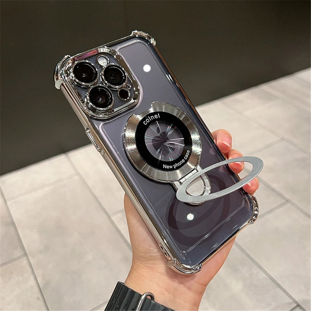 Luxury Plating Shockproof Magnetic Bracket For Magsafe Clear Case For IPhone18 15 16 14 13 12 17 Pro Max With Holder Stand Cover