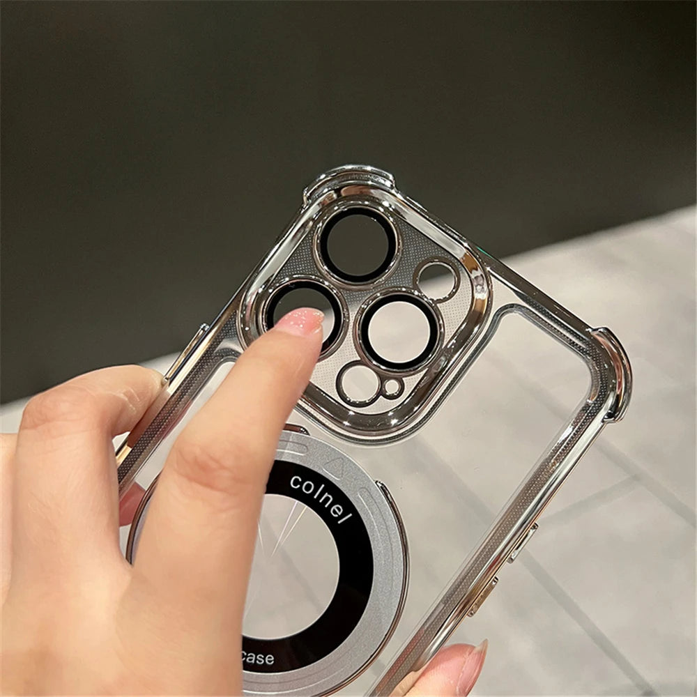 Luxury Plating Shockproof Magnetic Bracket For Magsafe Clear Case For IPhone18 15 16 14 13 12 17 Pro Max With Holder Stand Cover