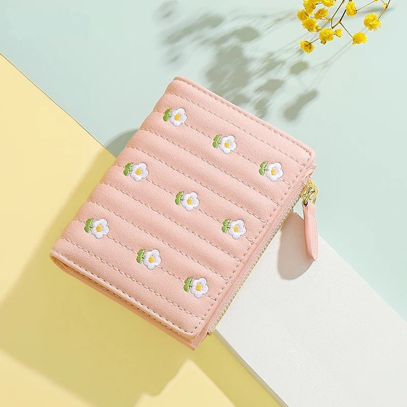 Women Mini Cute PU Leather Short Wallet New Zipper Money Bag Solid Color Flower Card Holders Coin Purse Girls