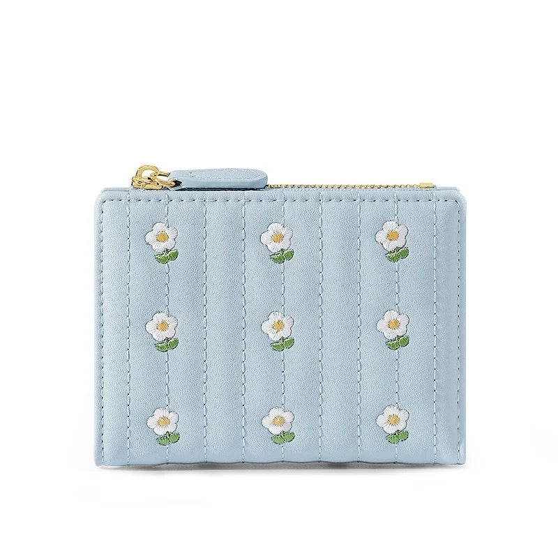 Women Mini Cute PU Leather Short Wallet New Zipper Money Bag Solid Color Flower Card Holders Coin Purse Girls