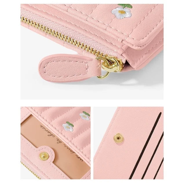 Women Mini Cute PU Leather Short Wallet New Zipper Money Bag Solid Color Flower Card Holders Coin Purse Girls